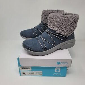 Bzees Ovation Blue Gray Sherpa Side Zip Ankle Boot Bootie Sz 8W Machine Washable